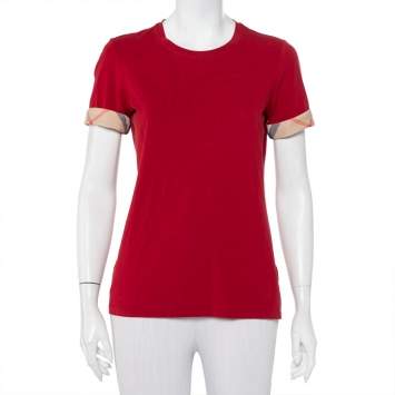 Pre Owned Burberry Brit Red Cotton Check Sleeve Cuff Detail Crewneck T-Shirt M