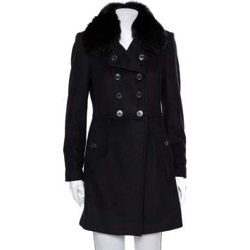 Pre Owned Burberry Black Wool & Fur Lined Double Breasted Long Jacket M