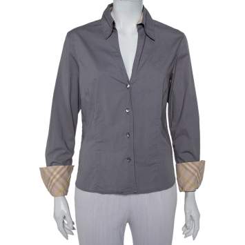 Pre Owned Burberry Grey Cotton V-Neck Collared Button Front Shirt XL