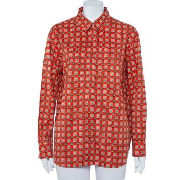 Pre Owned Burberry Orange Tile Archive Printed Cotton Button Front Shirt L