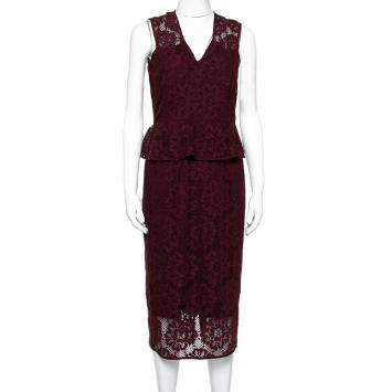 Pre Owned Burberry Burgundy Lace Peplum Detail Sleeveless Dress S