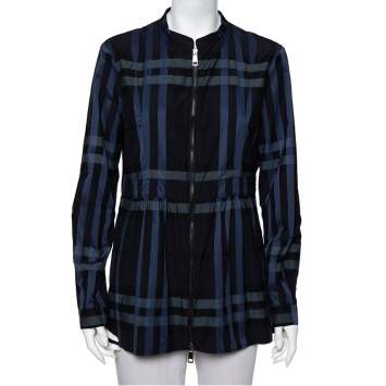 Pre Owned Burberry Navy Blue Checkered Cotton Zip Front Stand Collar Top M