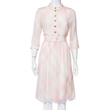Pre Owned Burberry Pink Checkered Silk Button Front Belted Dress M