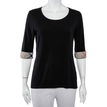 Pre Owned Burberry Brit Black Cotton Nova Check Trim T-Shirt L