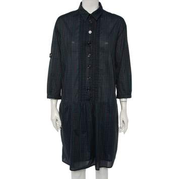 Pre Owned Burberry Green Checkered Cotton Pintuck Detail Shift Dress L