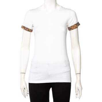 Pre Owned Burberry White Cotton Check Trim Roundneck T-Shirt XS