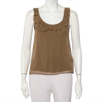 Pre Owned Burberry Brit Khaki Silk Ruffle Neck Detail Sleeveless Top XXS