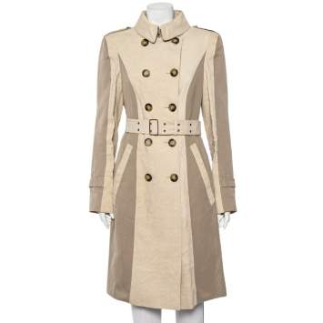 مملوكة مسبقًا Burberry Beige Paneled Linen Double Breasted Belted Trench Coat L