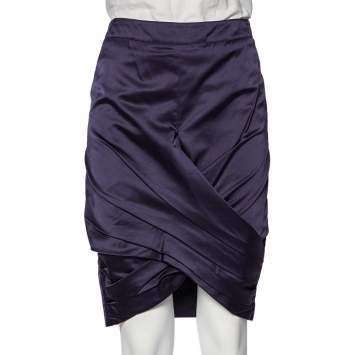 Pre Owned Burberry Navy Blue Satin Pleated Wrap Detail Pencil Skirt S