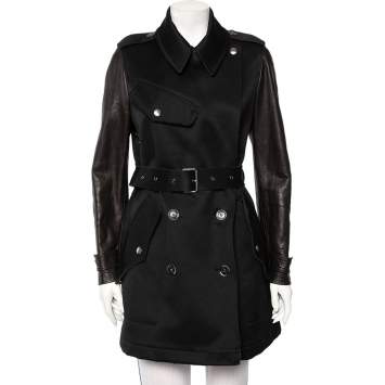 Pre Owned Burberry Brit Black Cotton & Leather Sleeve Belted Trench Coat M