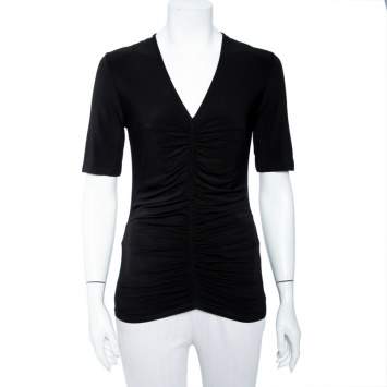 Pre Owned Burberry Black Jersey Ruched V-Neck Top S