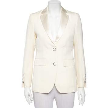 Pre Owned Burberry Cream Wool Satin Trim Button Front Blazer XS