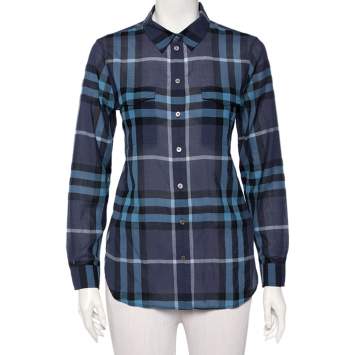 Pre Owned Burberry Navy Blue Checkered Cotton Button Front Shirt M