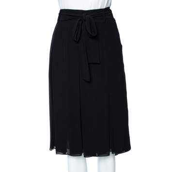 Pre Owned Burberry Black Georgette Pleated Belted Skirt M
