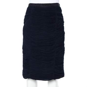 Pre Owned Burberry Navy Blue Chiffon Paneled Ruched Pencil Skirt M