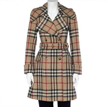 Pre Owned Burberry Beige Novacheck Wool Double Breasted Trench Coat XS