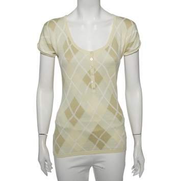 Pre Owned Burberry Lime Green Patterned Silk Knit Top S