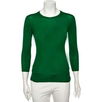 مملوكة مسبقًا Burberry Brit Green Knit Checked Logo Trim Detail Crewneck Top XS 