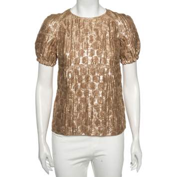 Pre Owned Burberry Metallic Silk Puffed Sleeve Detail Blouse S