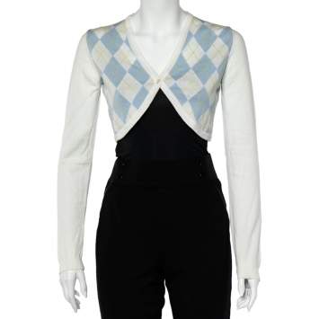 Pre Owned Burberry White Argyle Cotton Knit Cropped Cardigan S