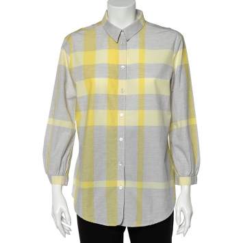 Pre Owned Burberry Yellow Checked Cotton Tunic Shirt L