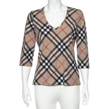 Pre Owned Burberry Beige Nova Check Cotton V-Neck T-Shirt L 