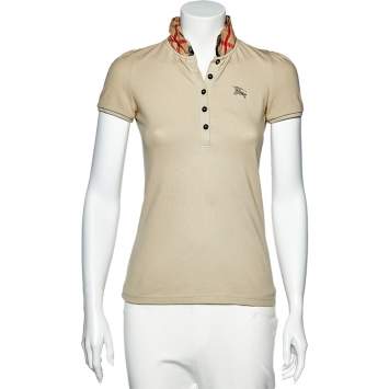 Pre Owned Burberry Beige Cotton Knit Nova Check Ruffled Collar Detail Polo T-Shirt XS