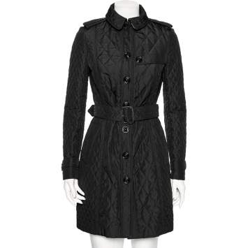 Pre Owned Burberry Black Synthetic Quilted Long Belted Coat S