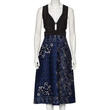 Pre Owned Burberry Blue-Black Paisley Printed Cotton Cutout Detailed Dress S