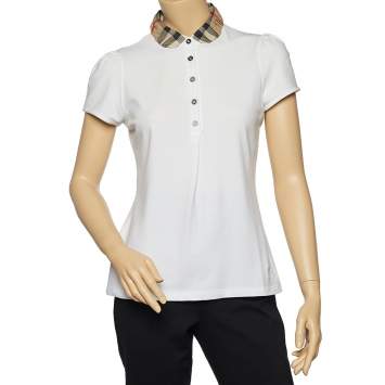 Pre Owned Burberry Brit White Cotton Nova Check Collar Detail Polo T-Shirt M