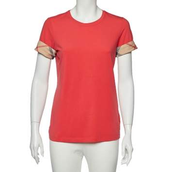 Pre Owned Burberry Brit Pink Cotton Check Sleeve Cuff Detail Crewneck T-Shirt M