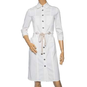 Pre Owned Burberry White Cotton Button Front Belted Shirt Dress S