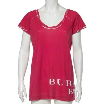Pre Owned Burberry Brit Pink Logo Printed Cotton Scoop Neck Oversized T-Shirt L