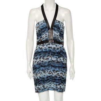 Pre Owned Burberry Blue Printed Silk & Leather Trimmed Short Dress M