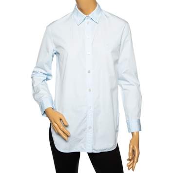 Pre Owned Burberry Blue Cotton Embroidered Logo Detailed Button Down Shirt XS