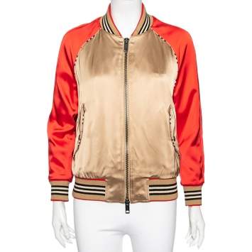 Pre Owned Burberry Beige & Red Paneled Sateen Stripe Trim Detailed Bomber Jacket XS
