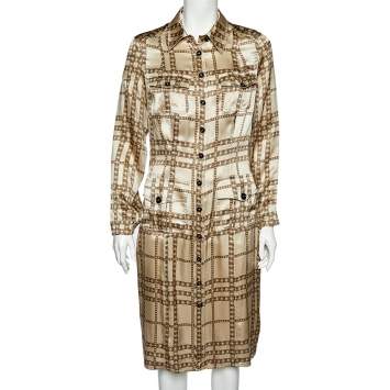 Pre Owned Burberry Beige Chain Printed Silk Button Front Shirt Dress M