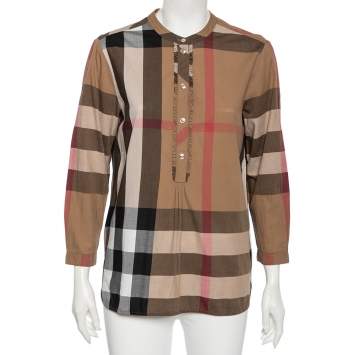 Pre Owned Burberry Brown Plastron Cotton Button Front Blouse M