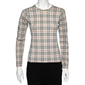 Pre Owned Burberry Beige Nova Check Cotton Knit Long Sleeve T-Shirt S