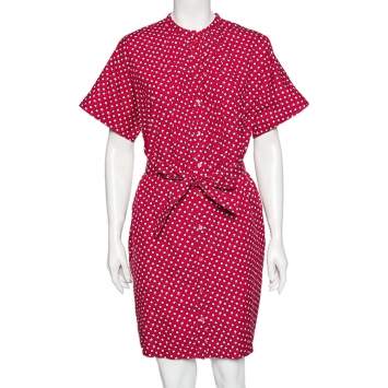 Pre Owned Burberry Red Printed Cotton Belted Shirt Dress M 