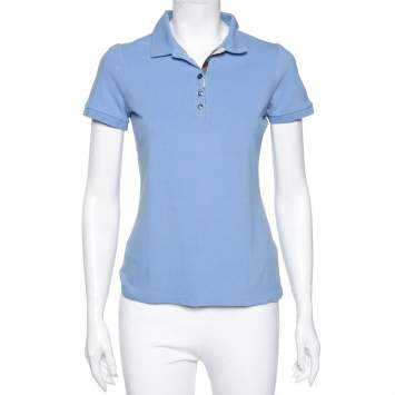 Pre Owned Burberry Blue Cotton Pique Novacheck Trimmed Polo T-Shirt S