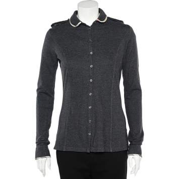 Pre Owned Burberry Grey Cotton Knit Long Sleeve Button Front Top M