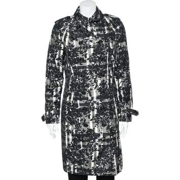 Pre Owned Burberry Grey Floral And Check Print Taffeta Fabric Coat M