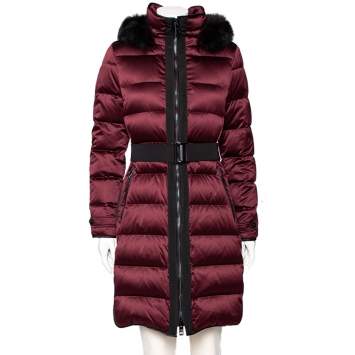 Pre Owned Burberry Burgundy Quilted Synthetic & Fur Trimmed Hooded Down Coat M