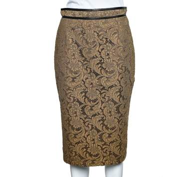Pre Owned Burberry London Brown Floral Lace Leather Trim Detail Pencil Skirt M