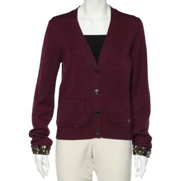 Pre Owned Burberry Magenta Wool Cashmere Blend Embellished Cuff Cardigan L