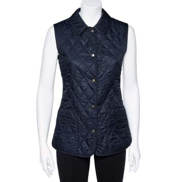 Pre Owned Burberry Vintage Navy Blue Quilted Sleeveless Button Front Jacket M