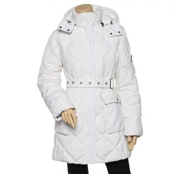 Pre Owned Burberry White Quilted Hooded Belted Zip Front Coat L