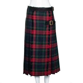 Pre Owned Burberry Multicolor Checkered Wool Buckle & Slit Detailed Pleated Skirt M