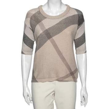 مملوكة مسبقًا Burberry Brit Beige Housecheck Knit Crew Neck Short Sleeve Top M
